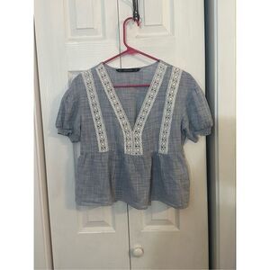 Zara Basic Women's Lace Stripe Puffed Short Sleeve Peplum Blouse White Gray XS